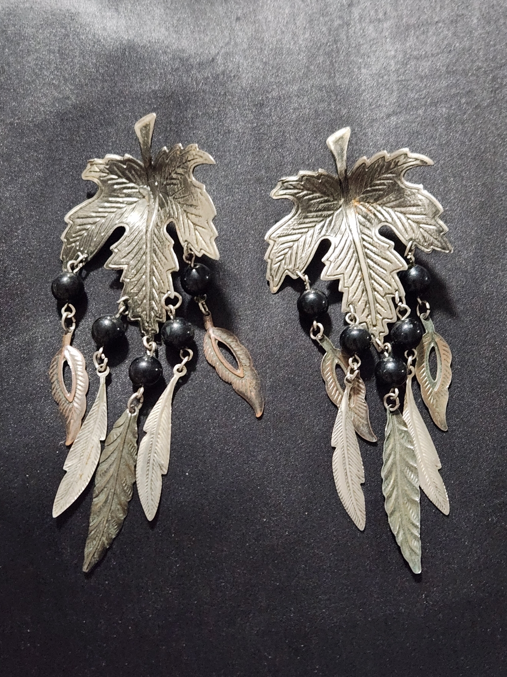 Statement Silver Leaf Dangle Earrings with Black Beads